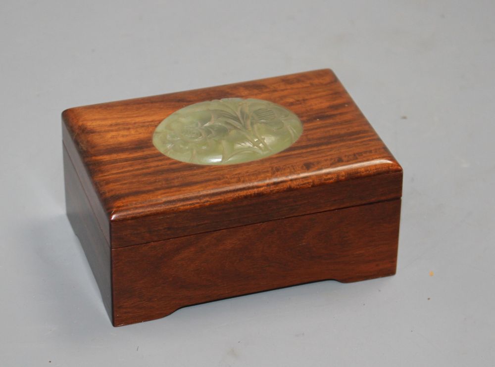 A Chinese hardwood box with inset bowenite jade panel, 13cm